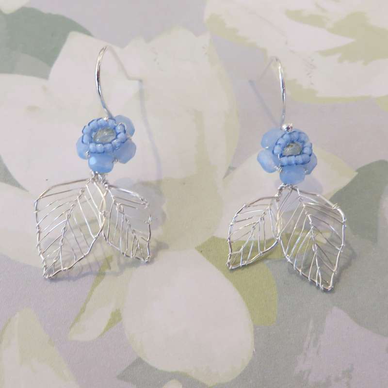Beaded Flower Double Leaf Drop Earrings